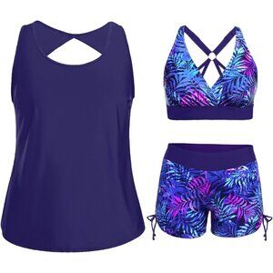 Women Plus Size Tankini Swimwear 3PC Tummy Control Sports Bra Boy Shorts